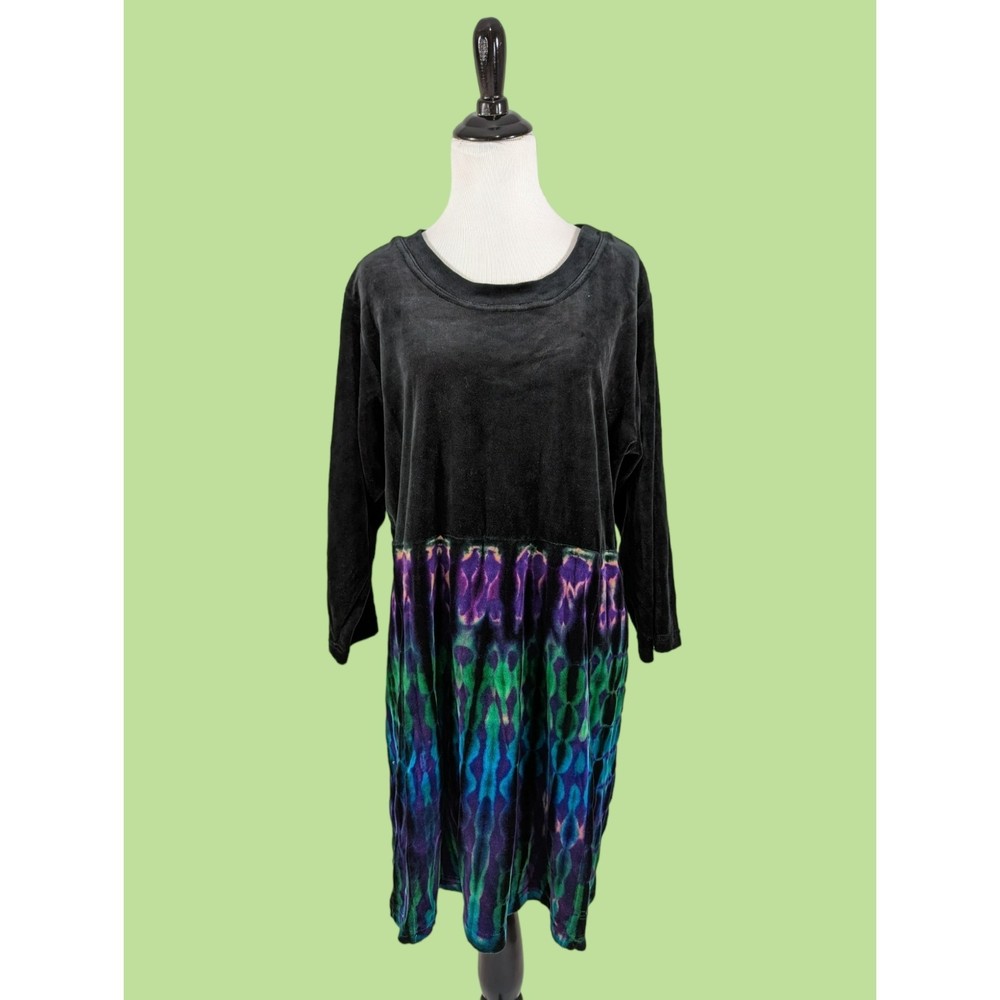 The Pyramid Collection Velvet Tie‎ Dye Tunic Top Black Purple Green 1X Boho